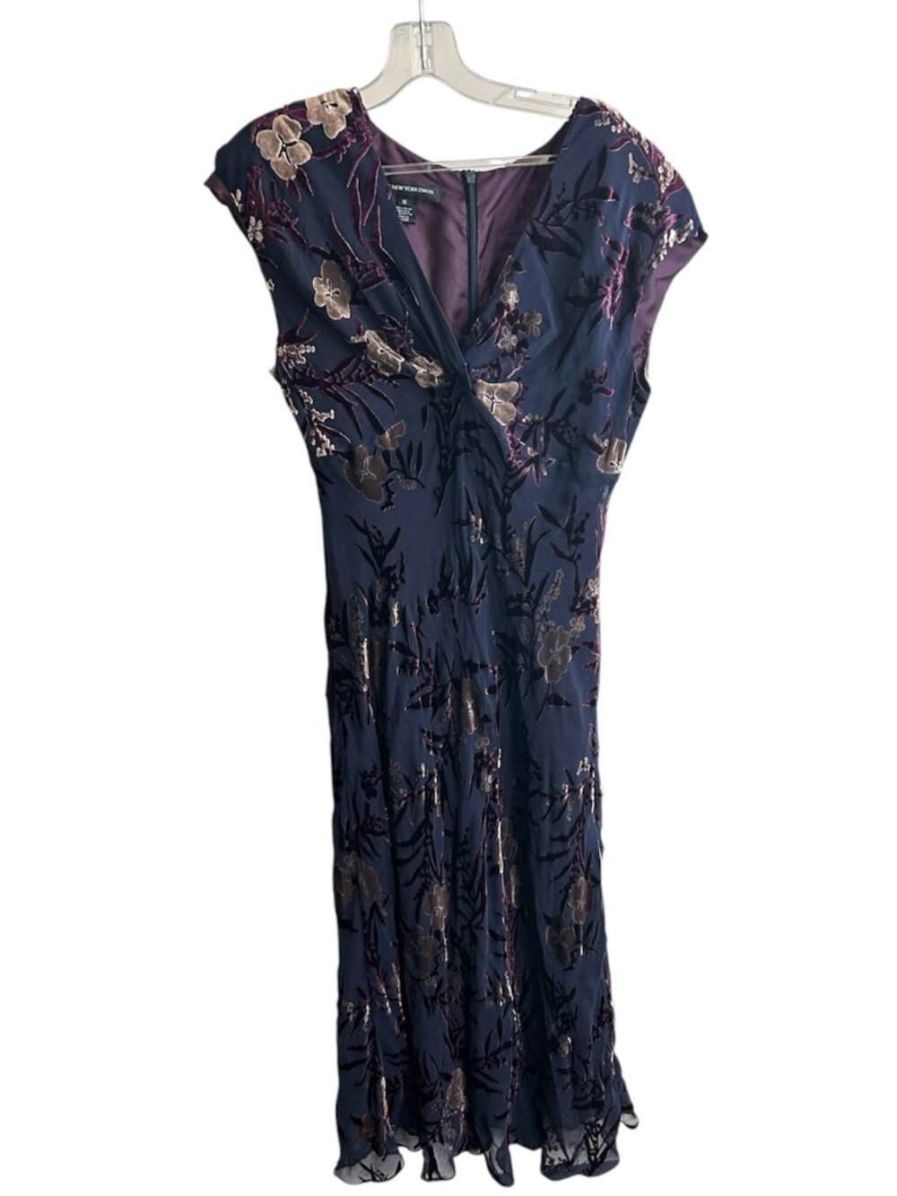 JONES NEW YORK Deep Purple Silk Velvet Burnout Floral Midi Dress US 16